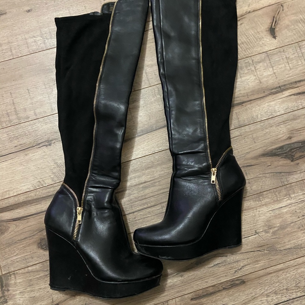 Jasmin knee high high heeled wedge leather boots